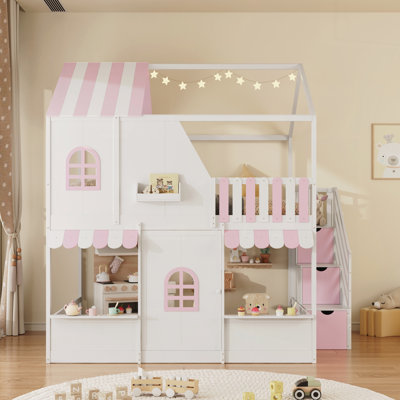 Full Over Full House Bunk Bed with Storage Staircase, Shelves and Playhouse Design