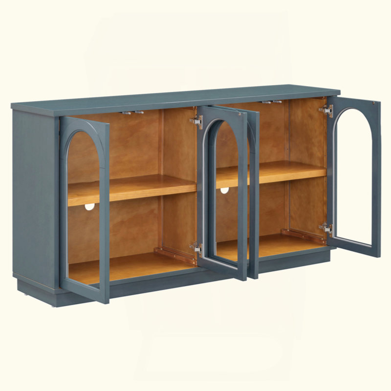 4-Door Large Storage Buffet Cabinet With Glass Doors, Arched Cabinet With Adjustable Shelves For Kitchen, Dining Room And Living Room