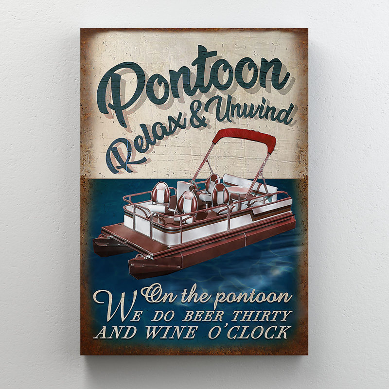 Red Pontoon On River - On The Pontoon We Do Beer - 1 pièce, reproduction d'art graphique sur toile tendue