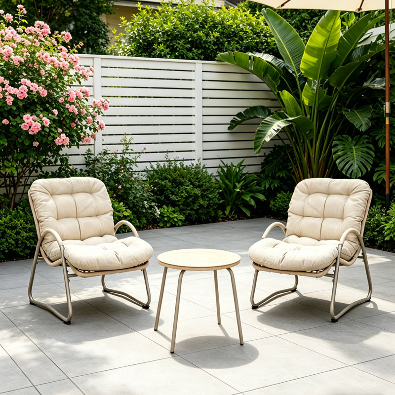 Ensemble de patio d'extérieur 3 pièces avec cadre en fer et chaises en osier tressé, ensemble bistro d'extérieur avec table d'appoint, blanc cassé