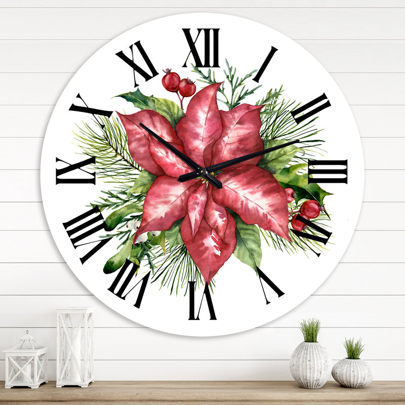 Horloge murale traditionnelle Holly Mistletoe Berries & Christmas Fir Branch III, Moyenne
