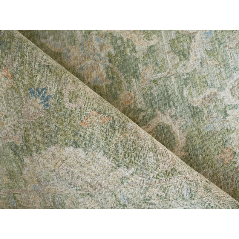 Santorini hand-knotted Wool/Silk Green Area Rug, Light Silver, Rectangle 8' x 10'