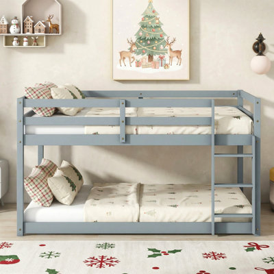 Twin Over Twin Floor Bunk Bed, Rubber Wood And Plywood Frame, Ladder，slats, Multiple Colors