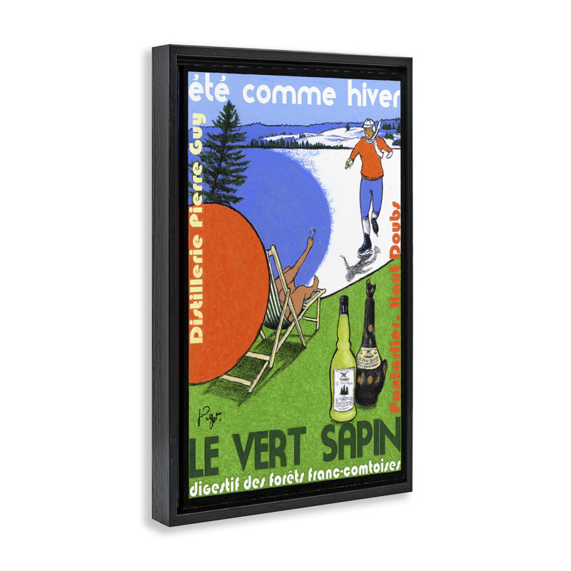«Summer & Winter Distillery», art mural encadré doré sur toile, design par Jean-Pierre Got, Cadre flottant noir de jais