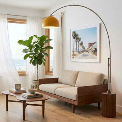 Tambo Luna 92" Arc Lamp - Satin Nickel, Dark Walnut Wood Base, Mustard Steel Leaf Shade, Dimmable, Bulb Included