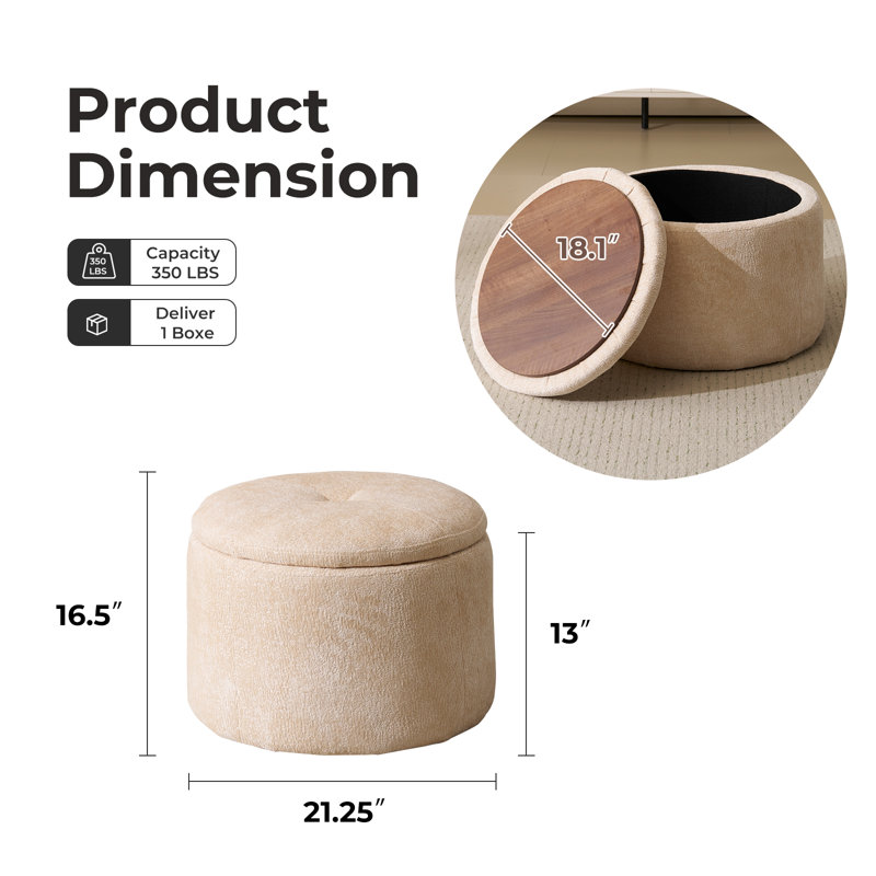 Modern Round Storage Ottoman , Beige, Beige