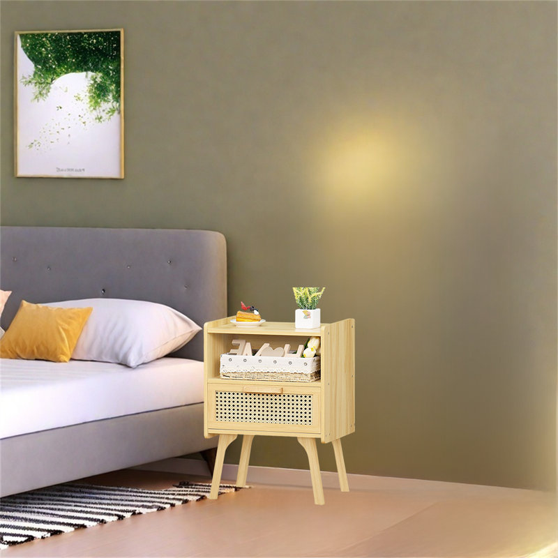 Rattan Nightstand With Drawer & Open Shelf – Boho Chic Side Table With Solid Wood Legs, Wood