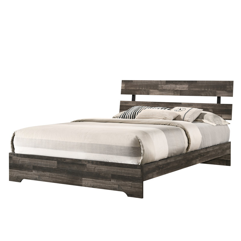 Rustic Brown Contemporary King Bed With Wood Frame, Slat Headboard, In One Box, Bedroom Setup Box For Decor, King