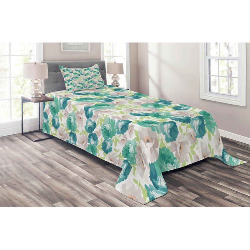 Farmhouse / Country Polyester Floral Coverlet, Twin Bedspread + 1 Sham, Rose Turquoise
