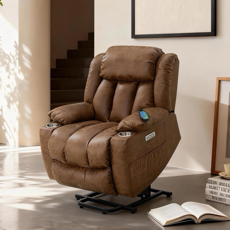 Fauteuil inclinable électrique Roxy avec chauffage et massage, rembourré Aire, télécommande, porte-gobelets et rangement latéral Roxy