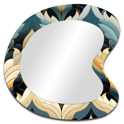 Motif à chevrons beige et bleu de style victorien élégant - forme géométrique, miroir mural asymétrique moderne, art imprimé en métal