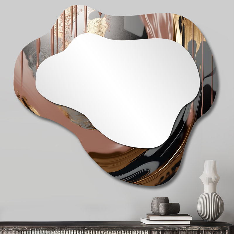 Abstrait doré et rose infini rivières III - miroir décoratif asymétrique à encre liquide, miroir mural moderne en nuage, impression sur métal