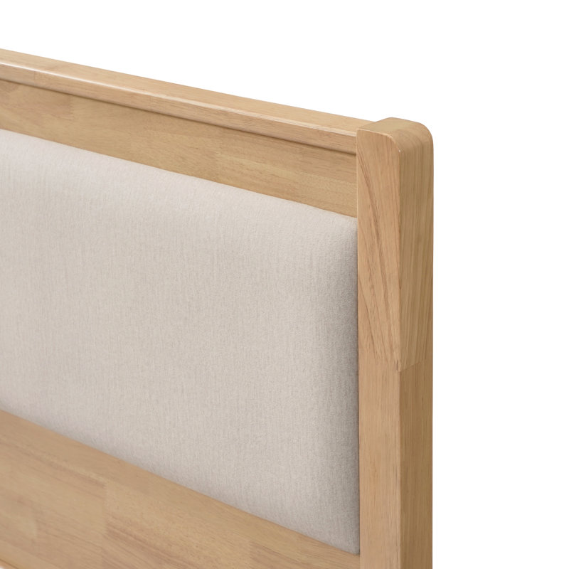 Cadre de lit en bois double XL avec tête de lit rembourrée et sommier à lattes, Naturel