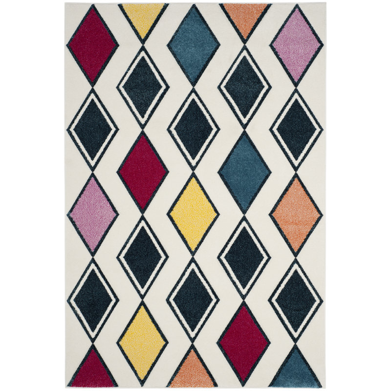 Tapis ivoire / bleu paon Kena, Rectangle 6 pi 7 po x 9 pi