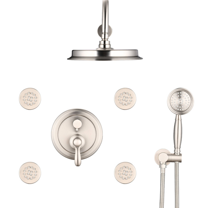 Robinet de douche en nickel brossé avec trous de pulvérisation en caoutchouc souple et robinet de dérivation à rotation à 360 degrés inclus