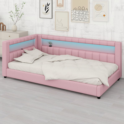 Upholstered Platform Bed with Built-in USB Ports and LED Light Belt