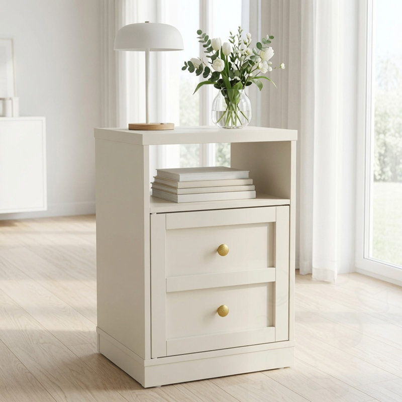 Table de chevet en bois avec 2 tiroirs, Beige