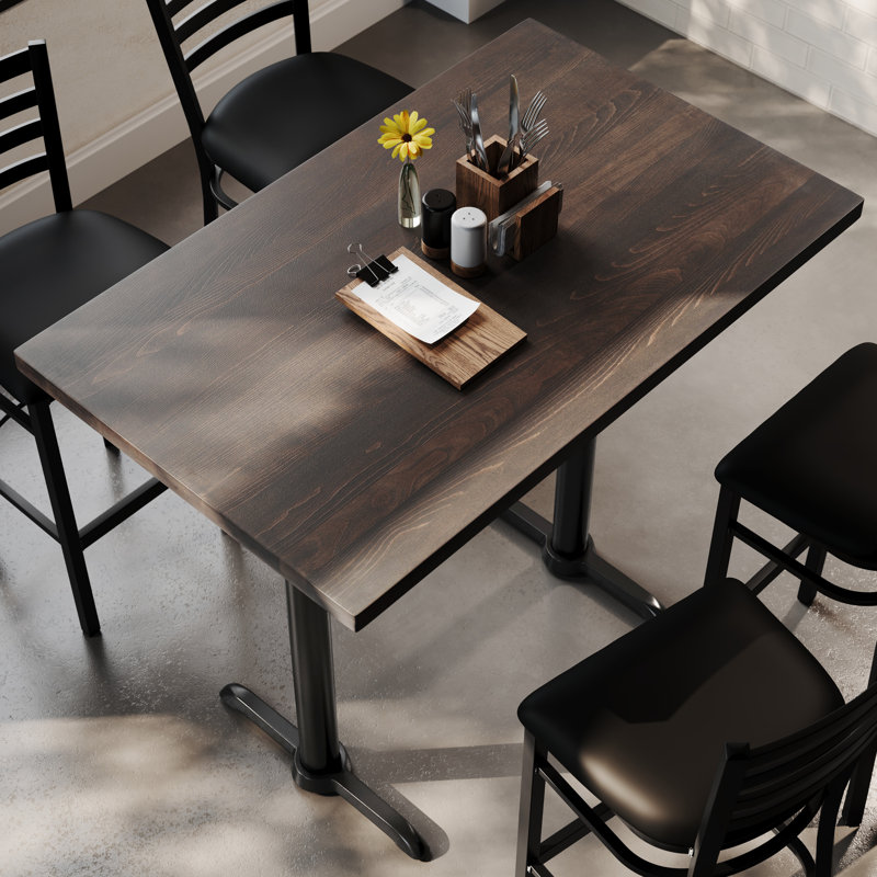 48"L x 30"W Solid Wood Commercial Tabletop w/Two 22" x 22" Bar Height T-Bases, 42"H x 48"L x 30"W, Dark Brown Wood, Black