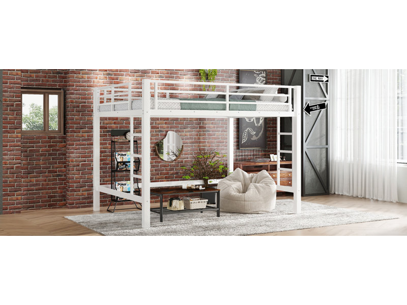 Metal Loft Bed With Easy Climbing Ladders And Sturdy Iron Frame, Queen