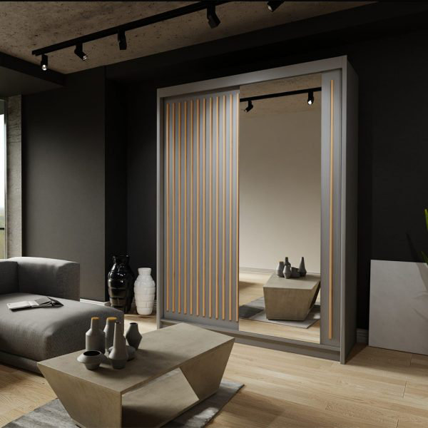 Moscow Sliding Wardrobe with Mirror Modern Bedroom Wardrobe 4 Colours 3 Sizes, 217cm H x 150cm W x 62cm D, Gray