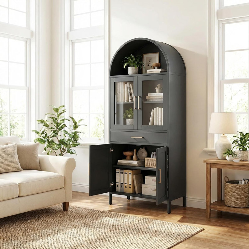 Arched Steel Bookshelf with Glass Door & Drawer, 0.6mm Cold Rolled Metal Bookcase, Adjustable Shelves, Modern Black Office Storage Cabinet for Living Room & Home