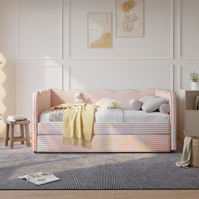 Linen Upholstered Gingham Daybed With Trundle, Usb Charging Port & Wave-shaped Design, No Box Spring Needed by Latitude Run