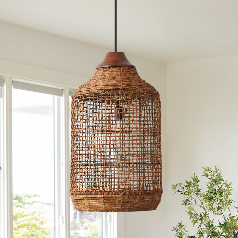 Vintage Rattan Pendant Light for Kitchen Island, 27.6" H x 15.75" W x 15.75" D