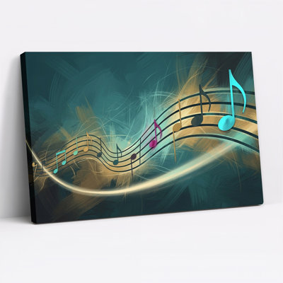 Tableau mural sur toile turquoise et or avec notes de musique multicolores sur portée ondulée
