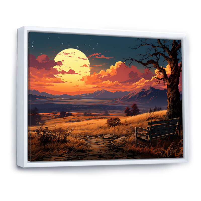 Coucher de soleil silhouette, H 30 po x l 40 po x P 1,5 po, Cadre flottant blanc