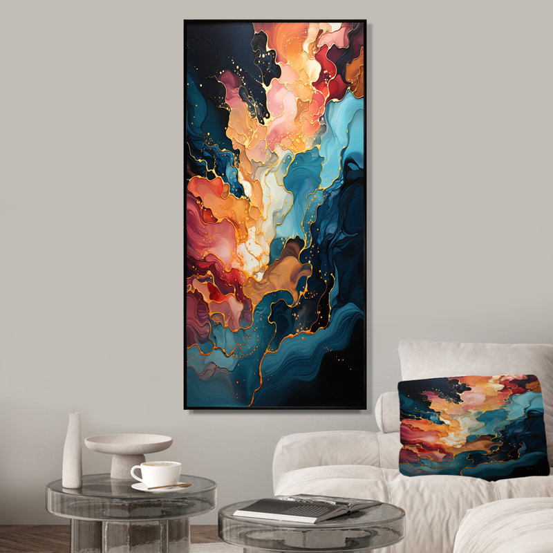 Rose et bleu tourbillonnant, peinture fluide III - art mural abstrait, Cadre flottant noir, 40" H x 30" W