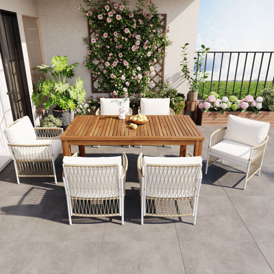 TOPMAX Patio 7pcs Wooden Dining Table Set, Outdoor 67''L Rectangular Table with 6 Rattan Arm Chairs for Poolside, Backyard, Garden, Natural