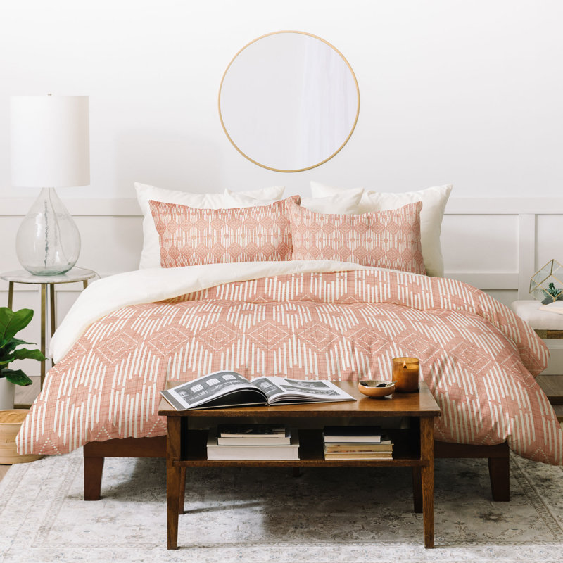 Rustic Polyester Geometric Shapes Duvet Cover, Queen Duvet Cover + 2 Standard Shams, Pink
