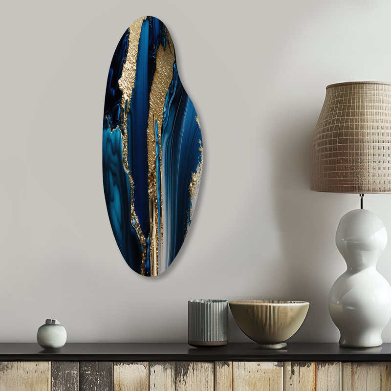 «Abstract Geode Waves Gold II - Abstract Curved Large, art mural métallique moderne, impression asymétrique