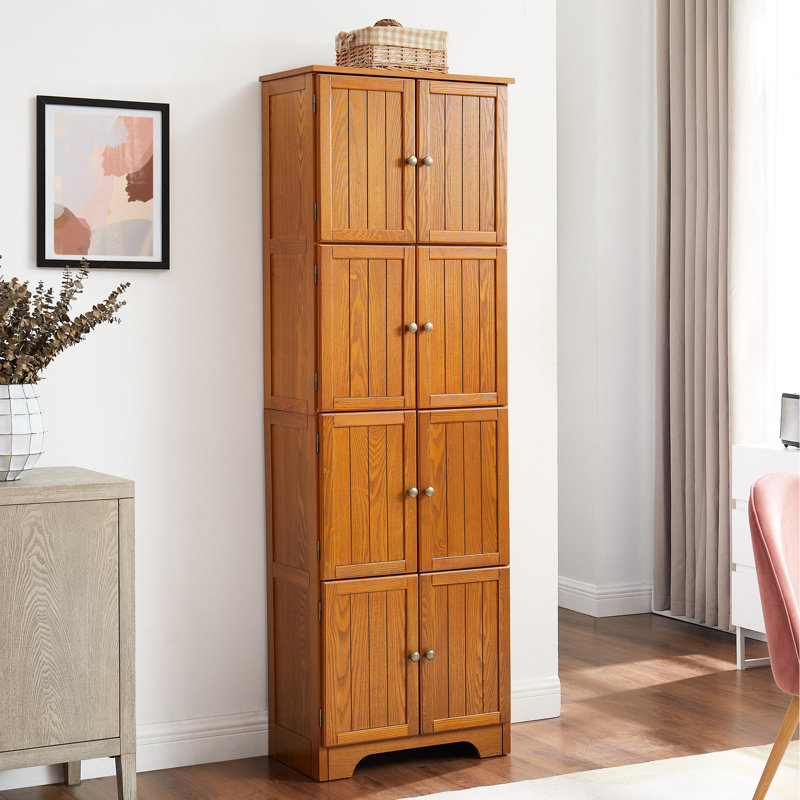 Armoire haute en chêne 72,4 po avec 8 portes et 4 tablettes. Pour différents endroits. Extérieur lisse, rangement, salon, cuisine, salle à manger, bureau. Surface, fondation