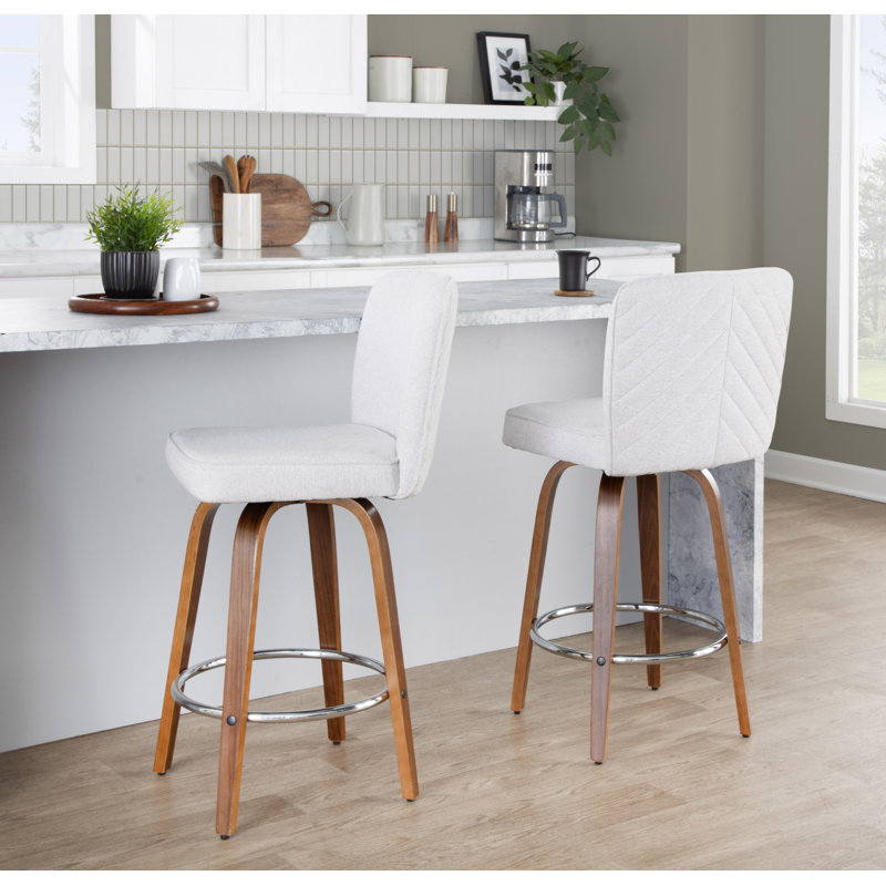 Huxley 27" Fixed-Height Counter Stools with Bent Wood Legs and Round Footrest, White Polyester