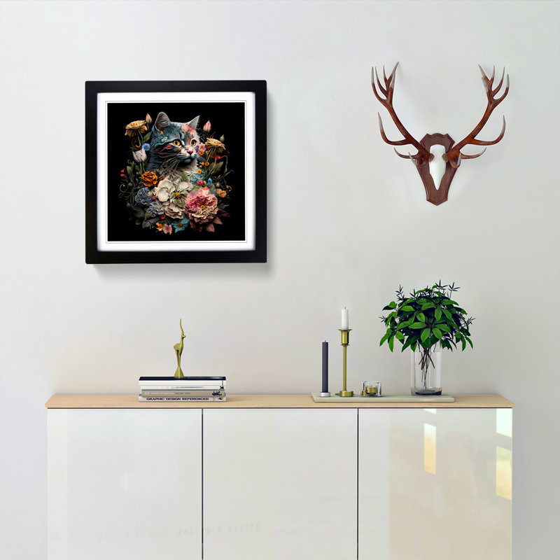 Cat Floral Art No.1 - Single Picture Frame Print on Wood, Black