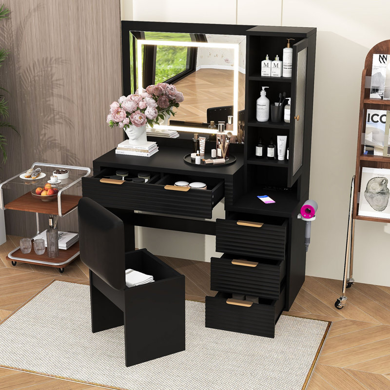 Bureau de coiffeuse avec miroir, lumières, station de charge et 5 tiroirs