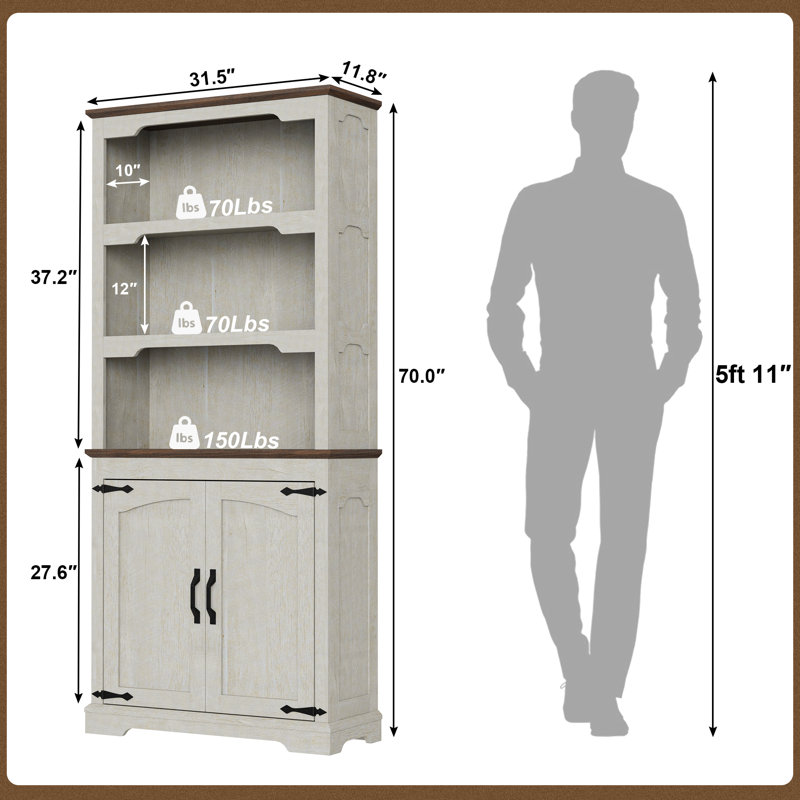 70" H X 31.5" W Standard Bookcase With Doors, Brown/White