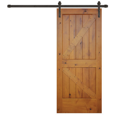 Porte de grange à rustique noueuxs en bois sans finition avec ensemble de quincaillerie d’installation