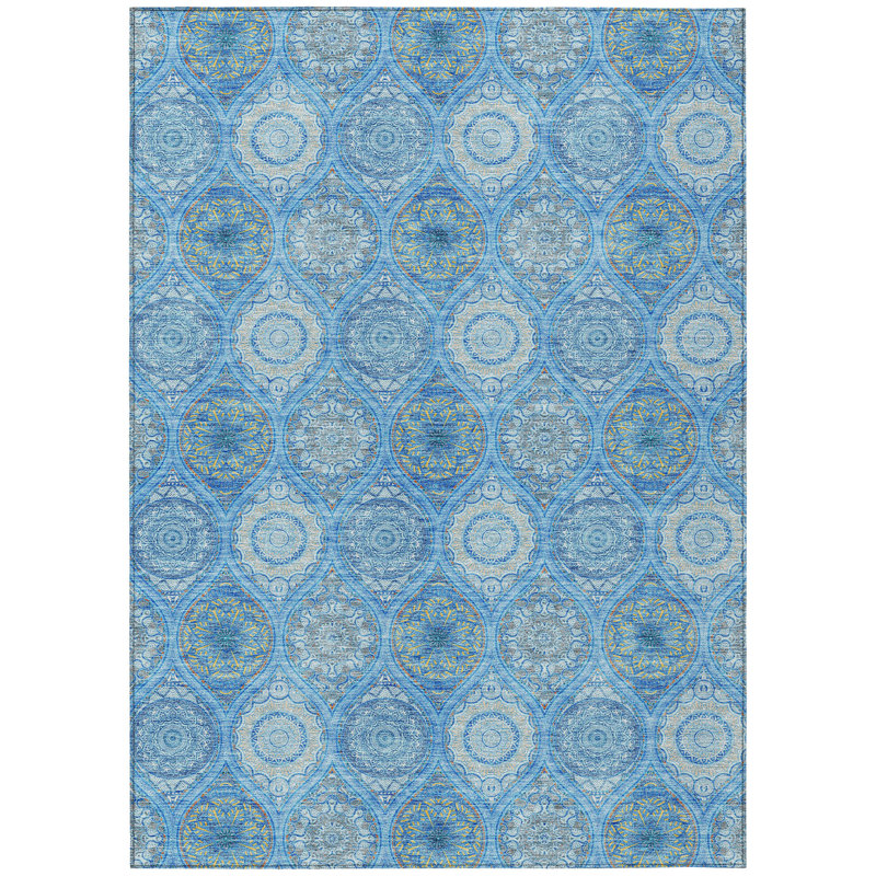 Tapis intérieur lavable 10 pi x 14 pi bleu ciel et bleu médaillon floral