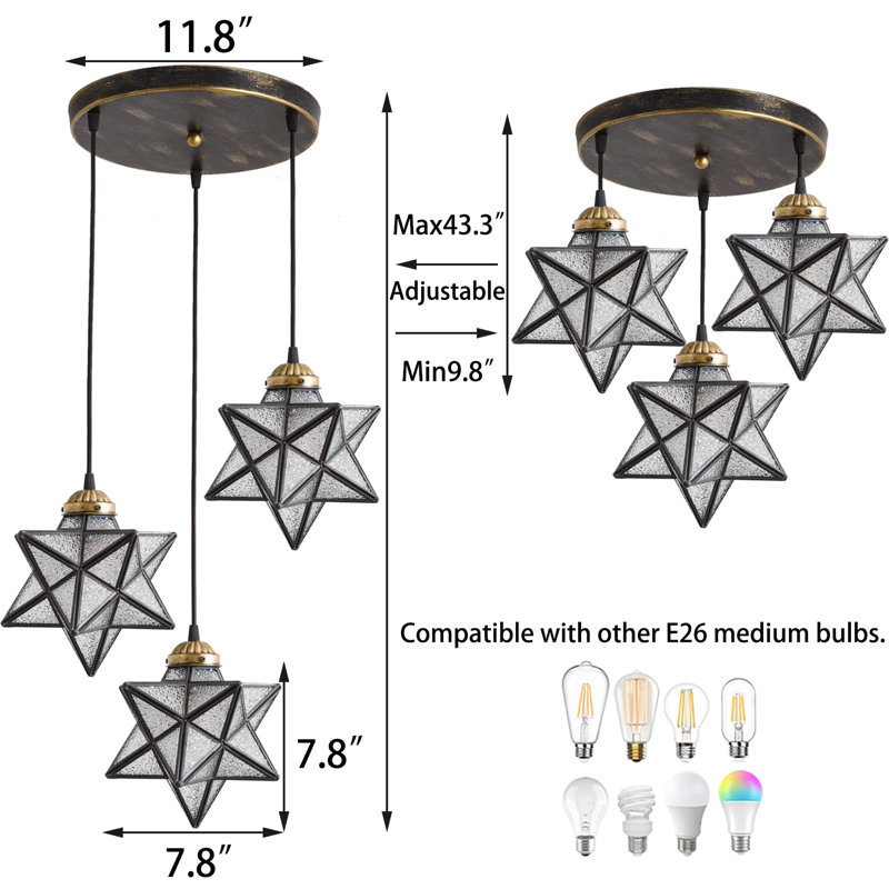 3-light Glam Chandelier With Glass Star, Hammered, Oil Rubbed Bronze