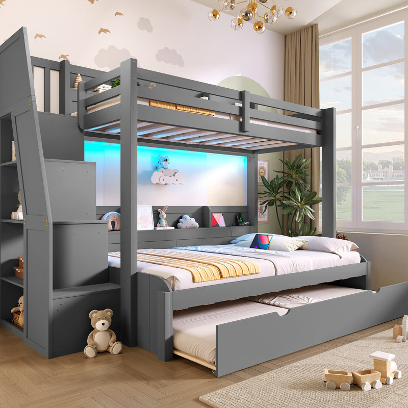 Lit superposé avec escalier de rangement, lit gigogne, tablettes de rangement, DEL et USB