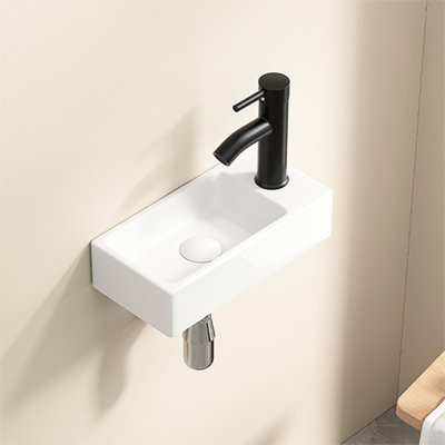 Small American Traditional Left Hand Wall Hung Rectangle Ceramic Cloakroom Sink, Milk White, 14*7*3Inch, Single Tap Hole For Bathroom Wash Basin, Hand, Style, Mixer Tap, Ideal Bathroom, Or Utility