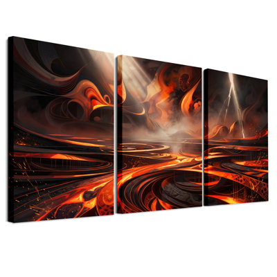 Ensemble de 3 toiles abstraites fluides aux tons orange et noir en fusion