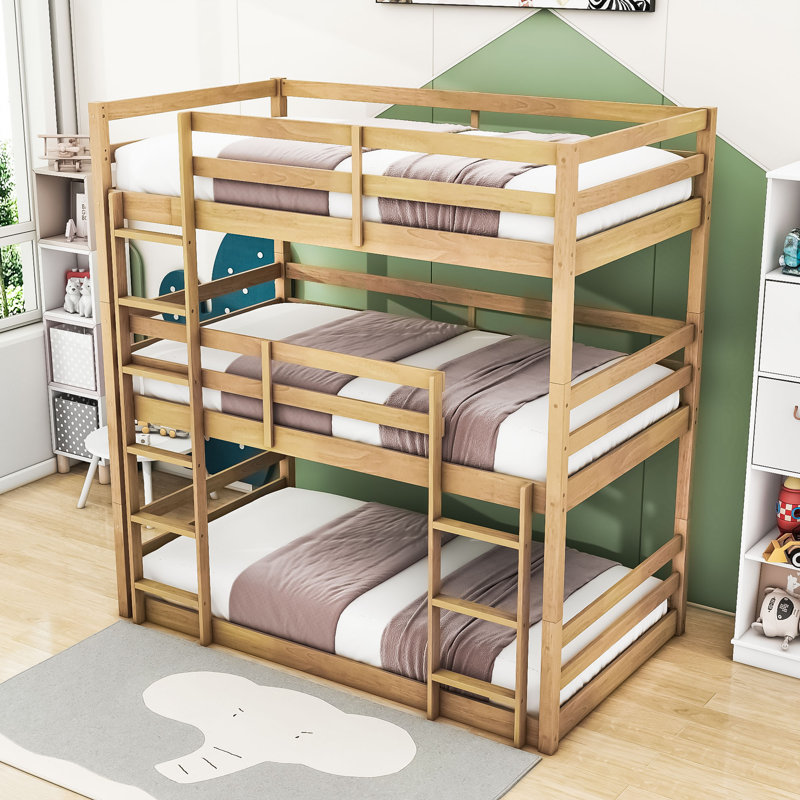 Wood Triple Bunk Bed With Two Built-In Ladders And Guardrails, Natural