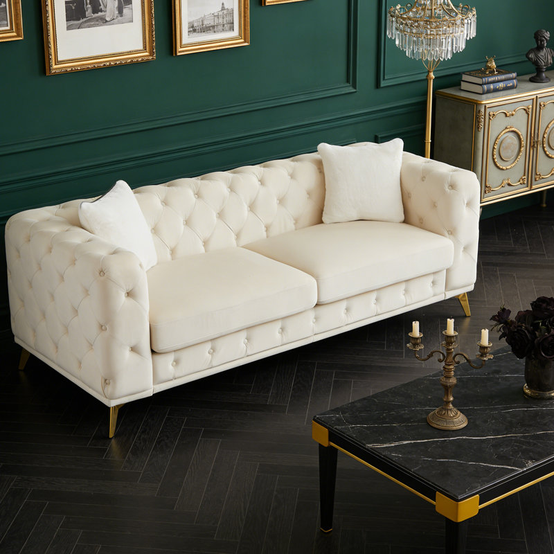 Canapé confortable en velours 3 places avec pieds en métal doré et 2 coussins, Beige