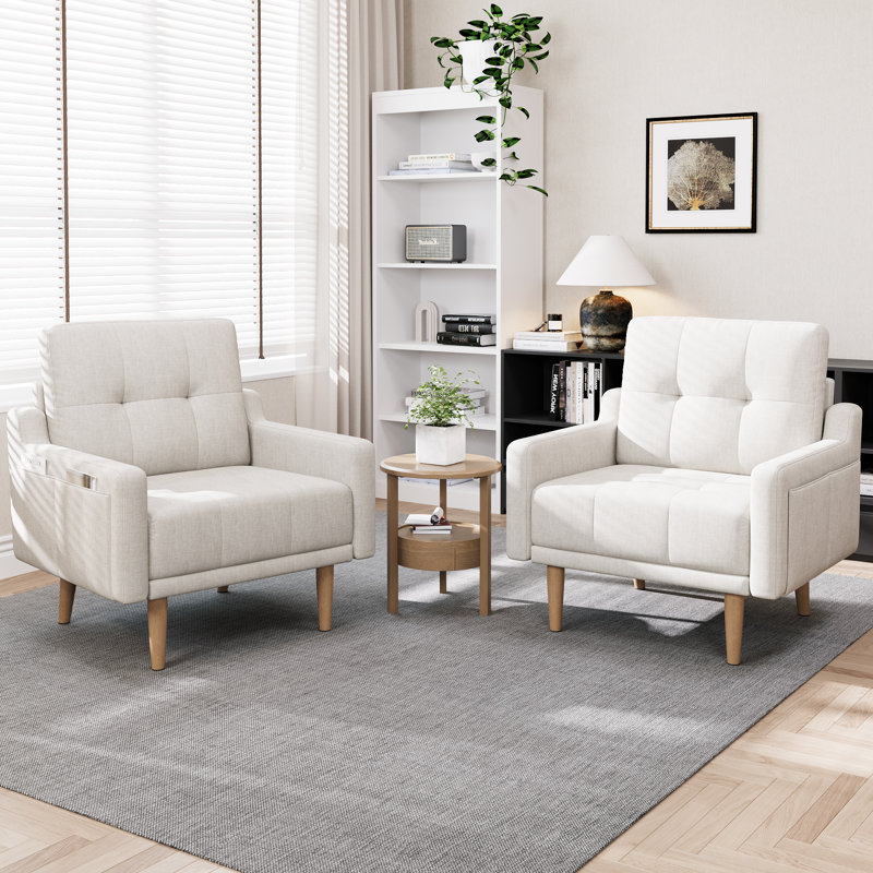 Mid Century Modern Accent Chair ，Upholstered Armchair，Comfy Reading Chair with Wood Legs, Ivory 