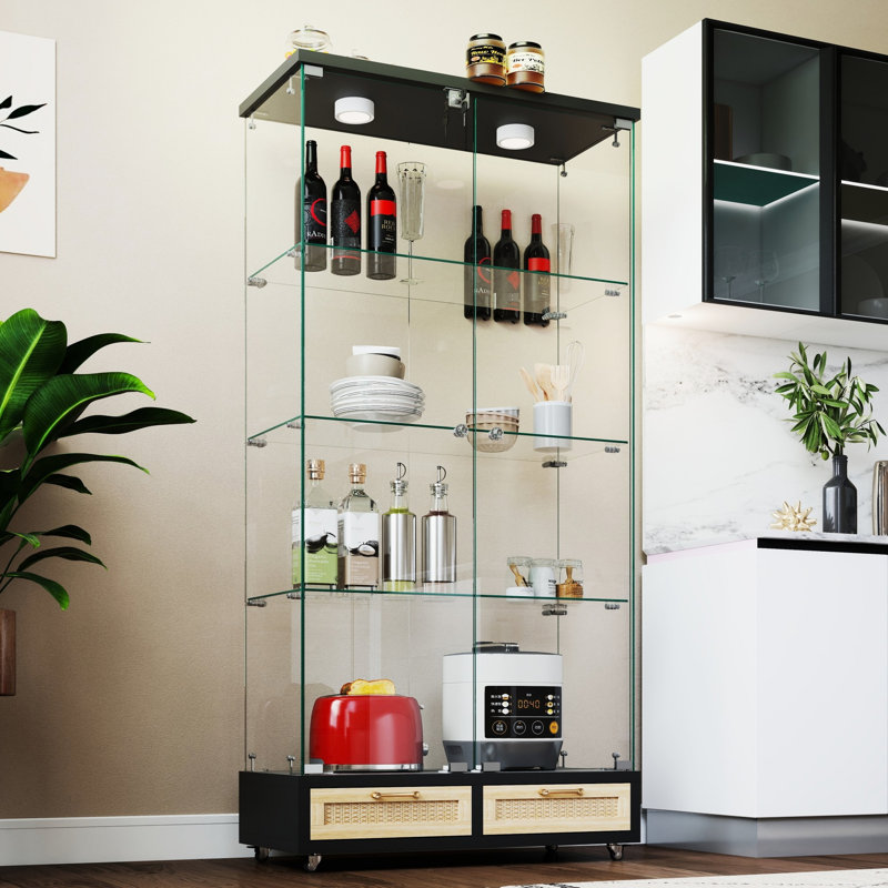 Armoire antique à assemblage rapide, présentoir en verre à 2 portes avec 4 tablettes, noir et naturel, éclairage à DEL de 13 couleurs, pour armoire à vin, présentoir à tablettes, petit salon