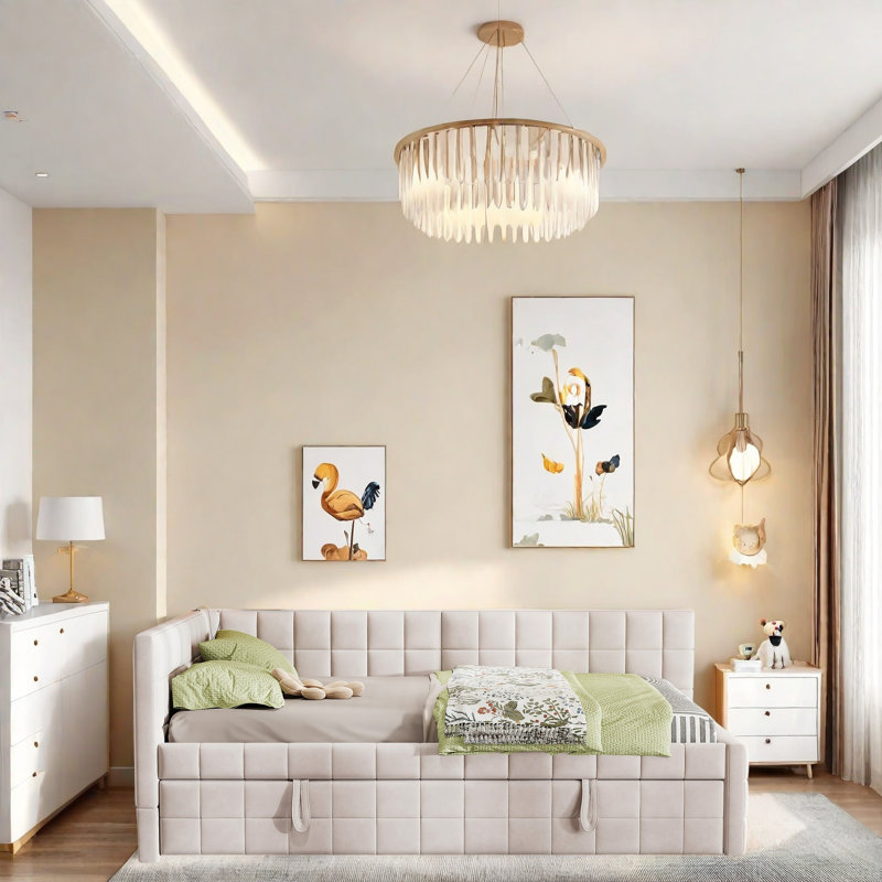 Lit tapissier en L moderne avec lit gigogne escamotable, ports de charge USB, dossier rembourré carré, lit plateforme double avec lit gigogne simple pour chambre d'amis, chambre à coucher