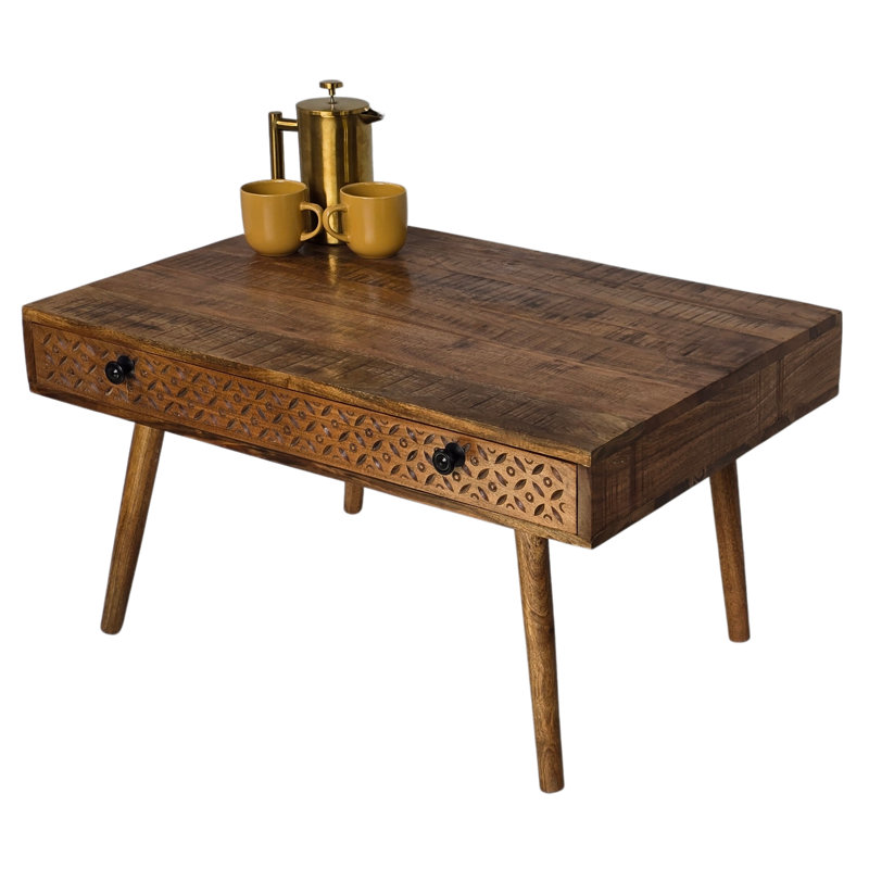  Solid Acacia Wood Coffee Table With Hand Carved Drawer 90x60cm